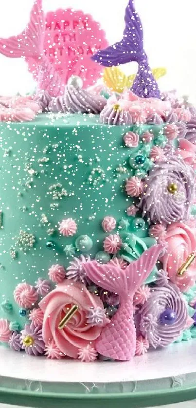 Whimsical mermaid-themed cake with pastel colors and intricate detailing.