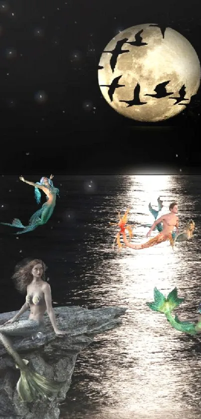 Mermaids gather under a full moon, casting a serene glow on dark ocean waters.