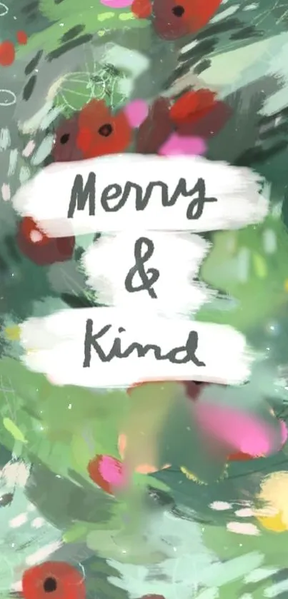 Merry and Kind artistic wallpaper with green and red floral design.