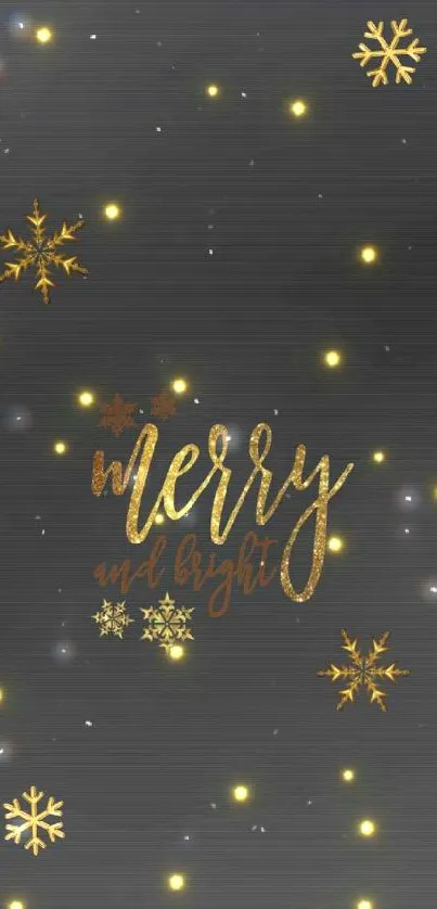 Festive mobile wallpaper with gold snowflakes and 'Merry and Bright' text.