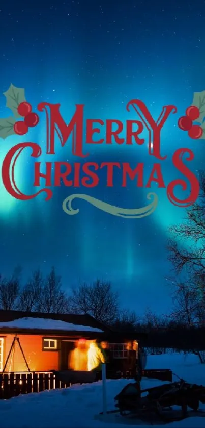 Merry Christmas wallpaper with a cozy cabin under a glowing aurora sky.