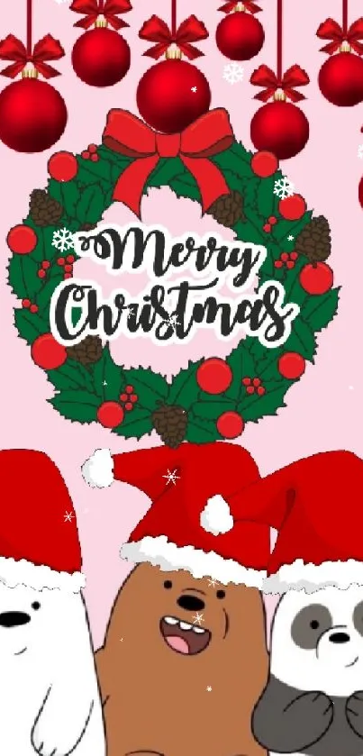 Christmas cartoon bears with Santa hats and wreath on mobile wallpaper.