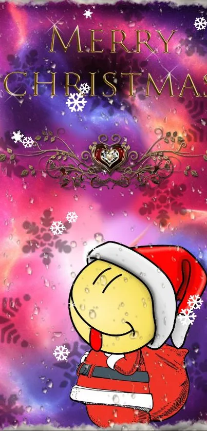 Colorful Christmas wallpaper featuring cartoon in Santa hat with snowflakes.