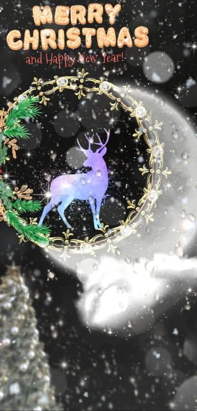 Illustrated Christmas wallpaper with reindeer and festive wreath.
