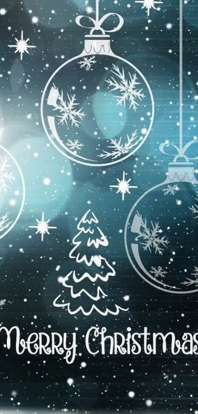 Merry Christmas wallpaper with ornaments and snowflakes.