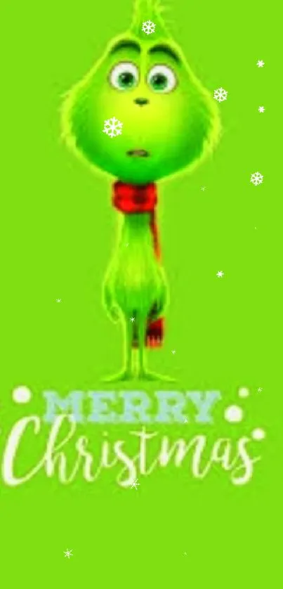 Bright green Grinch with red scarf and Merry Christmas text.