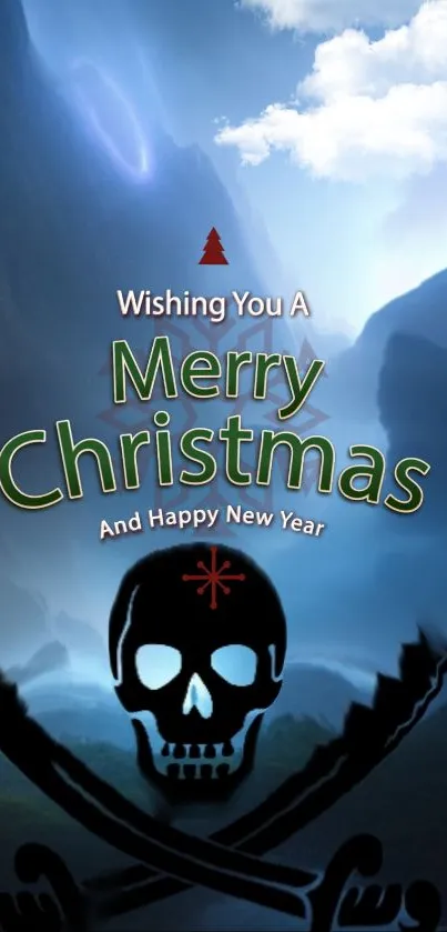 Merry Christmas mobile wallpaper with scenic background and skull design.