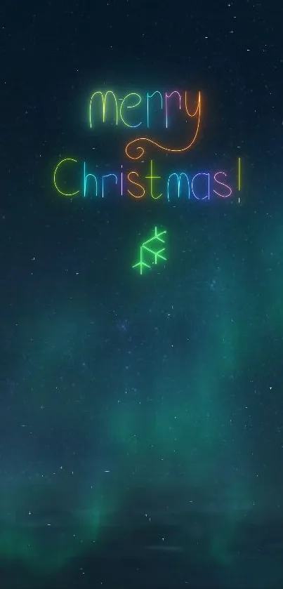 Vibrant Merry Christmas neon wallpaper on a starry night sky.