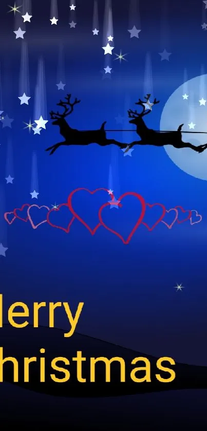Merry Christmas wallpaper with Santa's silhouette flying under a moonlit night.