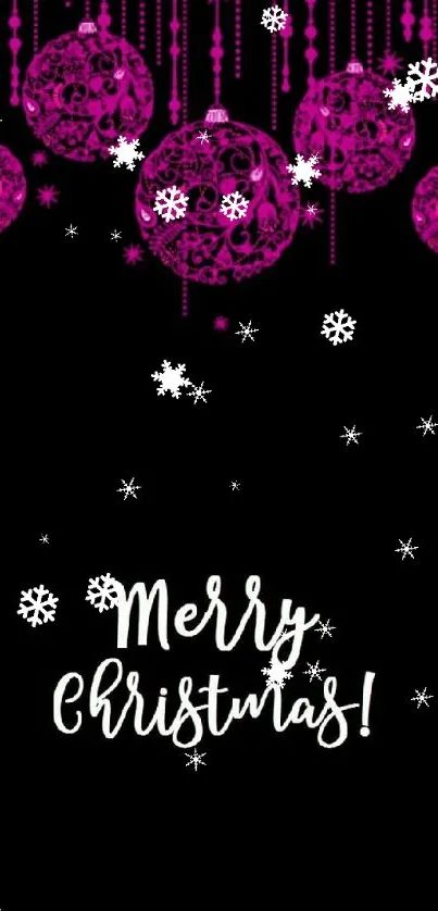 Merry Christmas wallpaper with pink ornaments on black background.