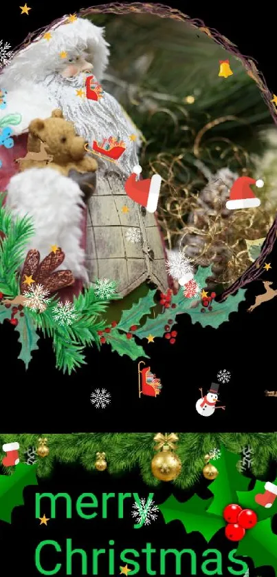 Merry Christmas mobile wallpaper with Santa Claus and festive decor.
