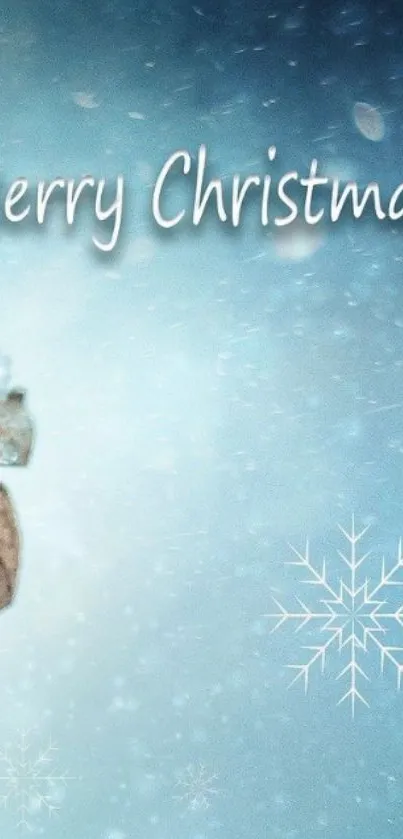 Merry Christmas wallpaper with snowflakes on an ice blue background.