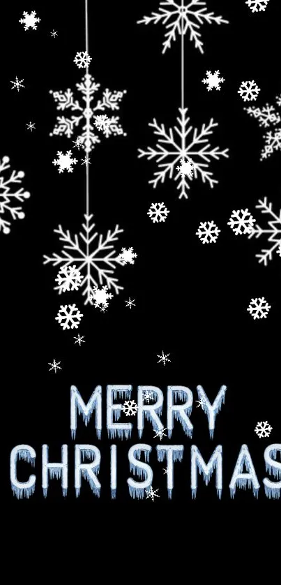 Merry Christmas snowflakes on black wallpaper.