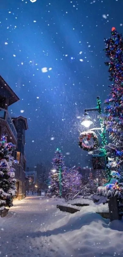 Snowy Christmas street with festive lights.