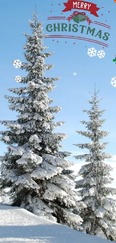 Snowy Christmas tree landscape with festive decorations.