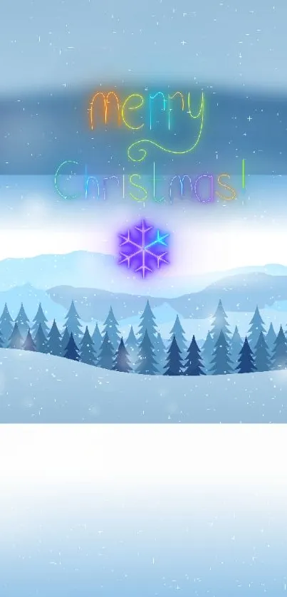 Snowy winter scene with Merry Christmas text and snowflake.