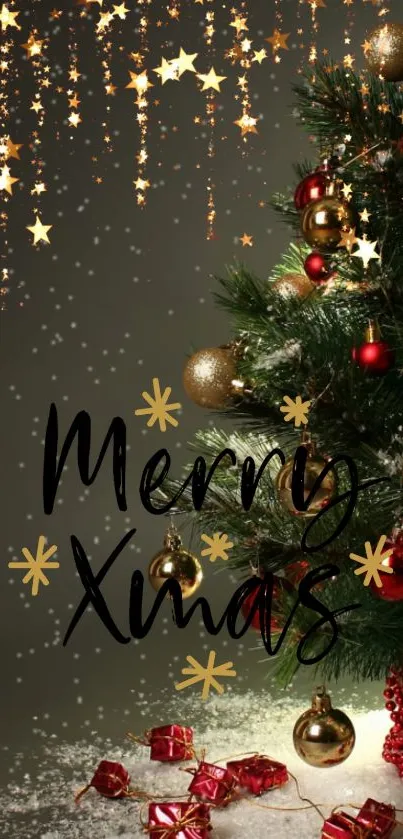 Festive wallpaper with a Christmas tree and Merry Xmas text.