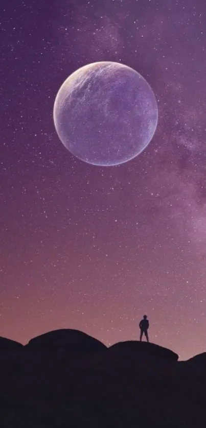 Enchanting moonlit night sky wallpaper featuring stars and a silhouette.