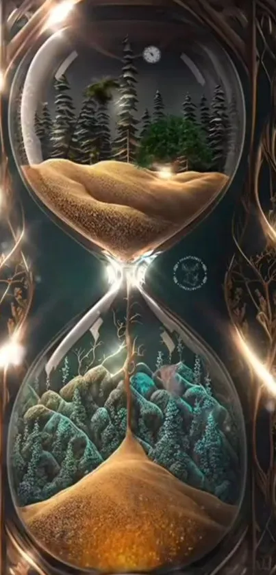 Intricate hourglass with forest inside.