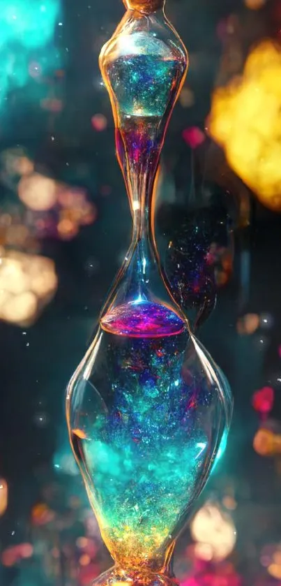 Abstract colorful hourglass with vibrant glowing effect on a mobile wallpaper.