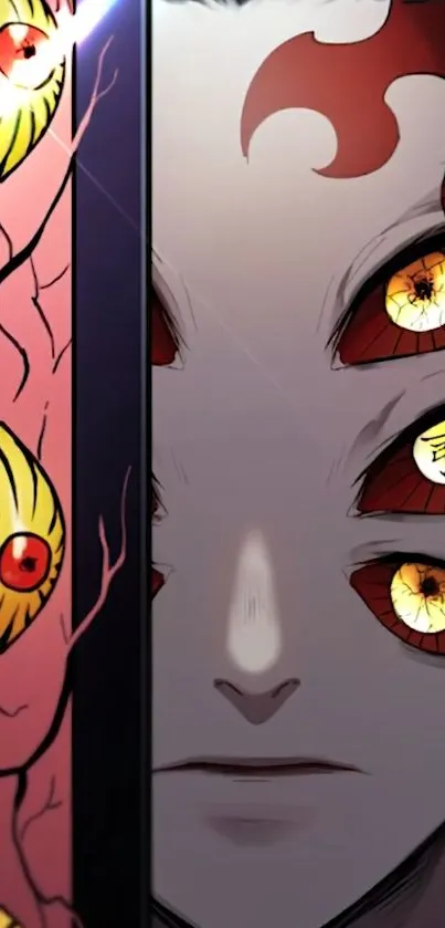 Anime wallpaper with intricate red eye design and vibrant hues.