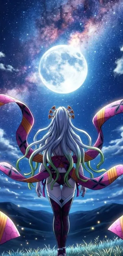 Anime character under a glowing night sky with a full moon and stars.
