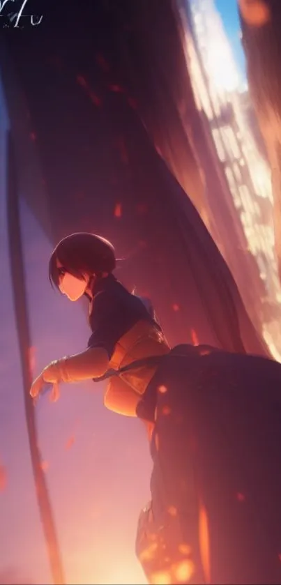 Anime character standing at sunset with glowing city backdrop.