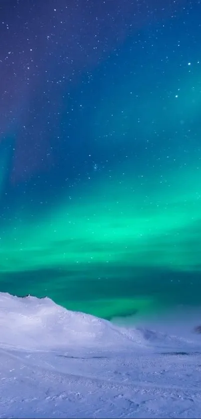 Captivating Northern Lights over snowy landscape under starry sky.