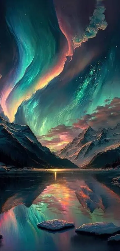 Serene Northern Lights over a mountain lake with vibrant colors.