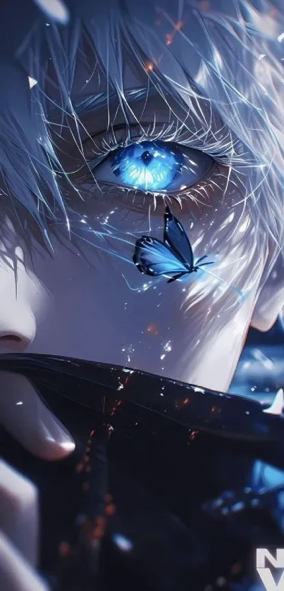 Stunning blue eye with butterfly on anime-themed mobile wallpaper.