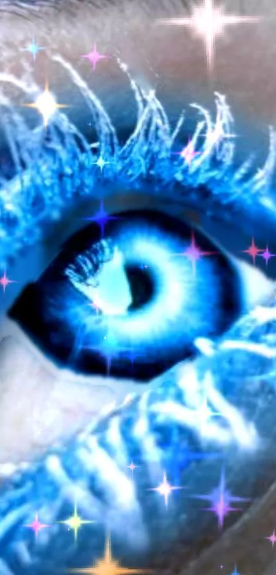 Close-up of a blue eye with sparkling highlights and cosmic design elements.