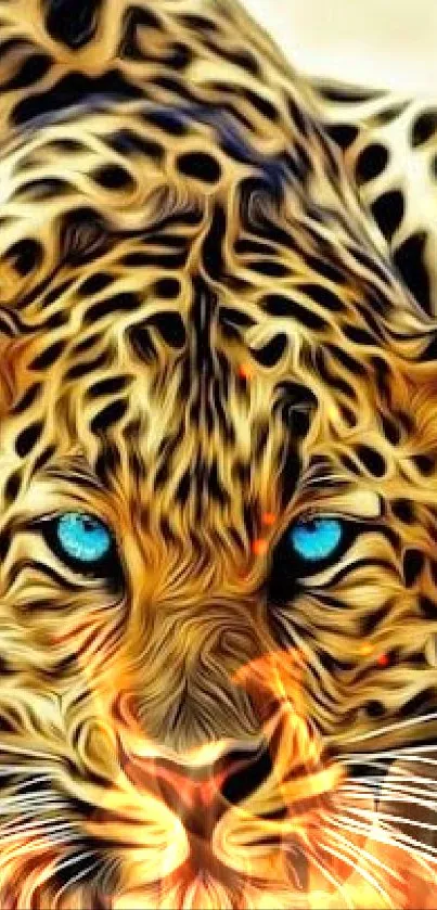 Artistic digital leopard with blue eyes and golden hues on a mobile wallpaper.