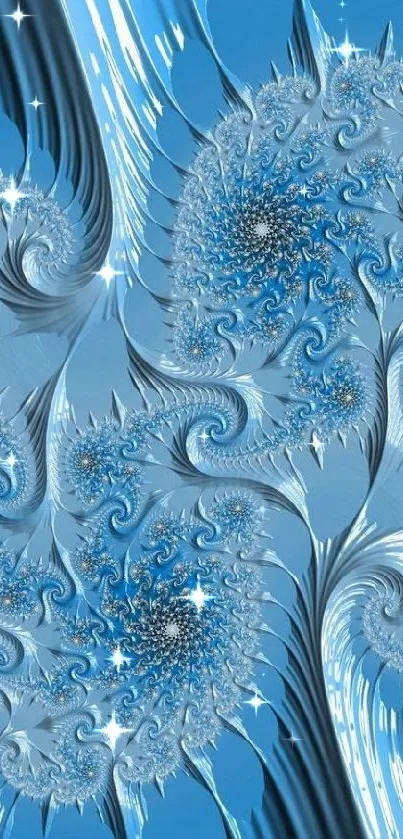 Blue fractal wallpaper with intricate spirals and abstract patterns.