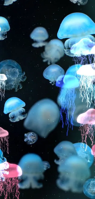 Blue jellyfish floating in deep, dark ocean depths, creating a serene wallpaper.