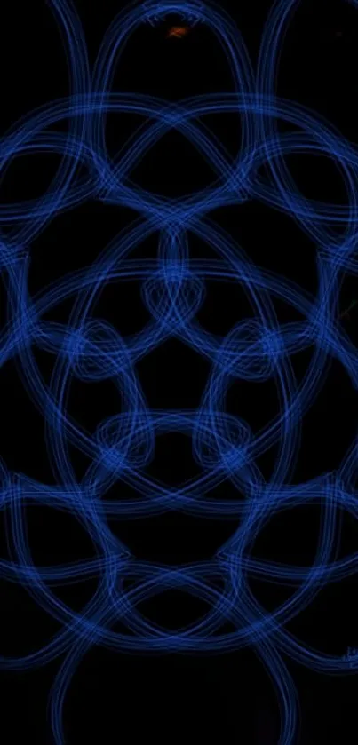 Intricate blue neon geometric pattern on black background.