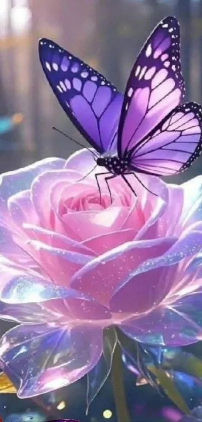 Vibrant butterfly resting on a colorful rose.