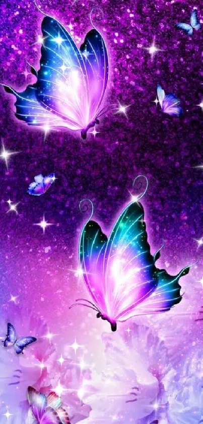 Vibrant butterflies against a sparkling purple night sky.