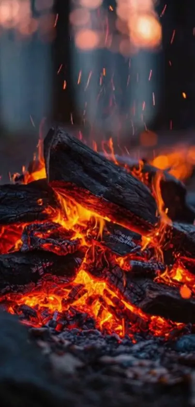 Close-up of burning embers in a campfire, glowing with intense orange light.