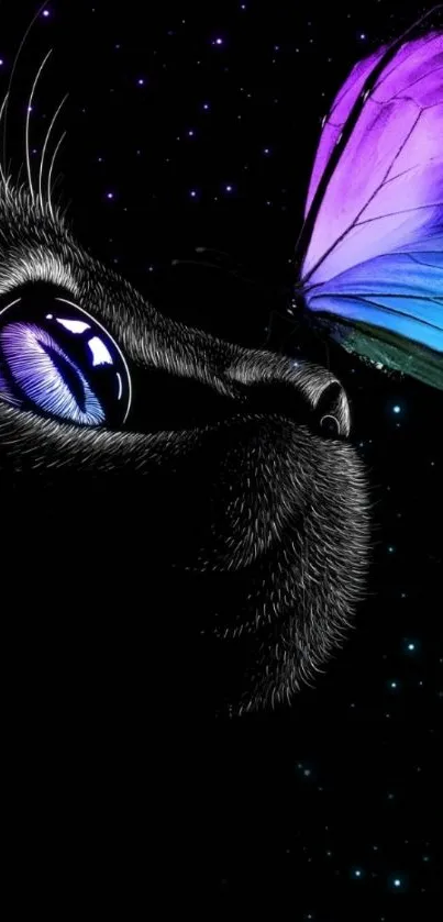 Black cat gazes at purple butterfly against a starry night sky in digital art.