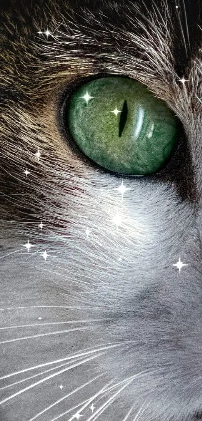 Close-up of a cat’s vibrant green eye, showcasing detailed fur texture.