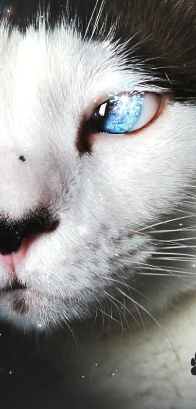 Close-up of a cat's face with a striking blue eye on a phone wallpaper.