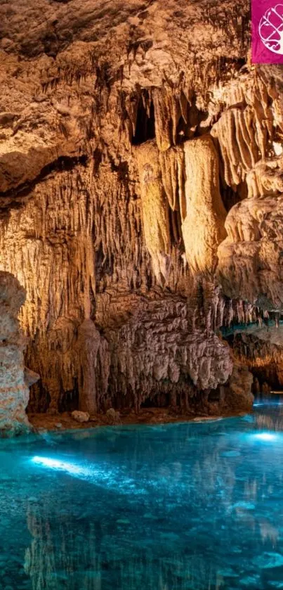 Cave with stalactites reflecting in blue water.