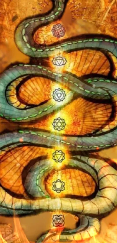 Artistic snake with chakra symbols on an amber background.