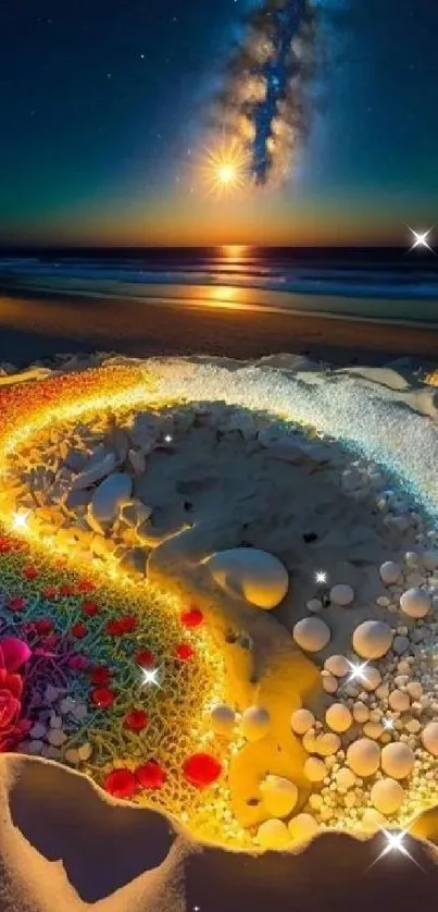 Colorful cosmic beach art with galaxy sky and vibrant sand patterns.