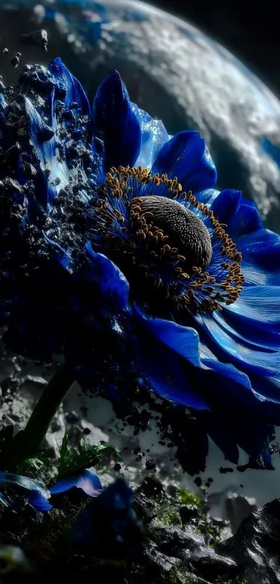 A cosmic blue flower with a lunar backdrop on mobile wallpaper.