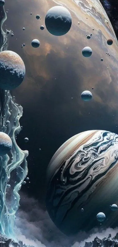 Mobile wallpaper depicting a cosmic scene with planets in deep space.