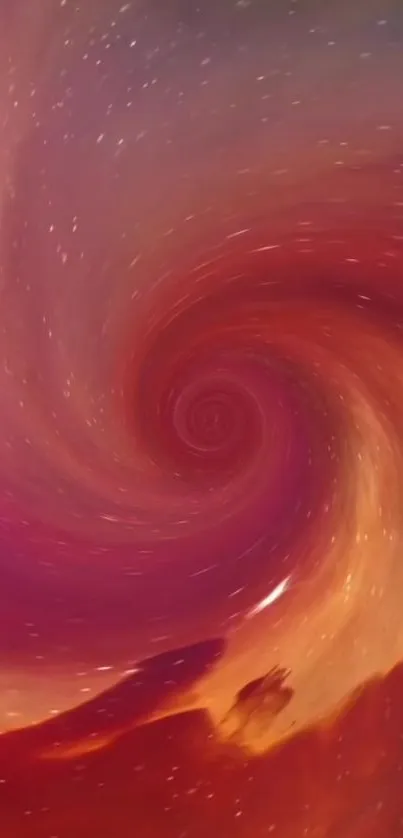 Mesmerizing cosmic swirl with red and orange hues in a mobile phone wallpaper.