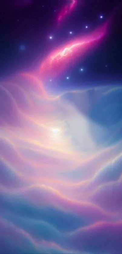 Colorful cosmic landscape with pink and purple waves, set against starry night sky.