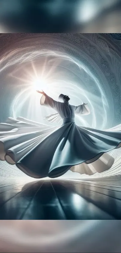 Woman in a swirling gown dances within a sphere of light, exuding elegance.