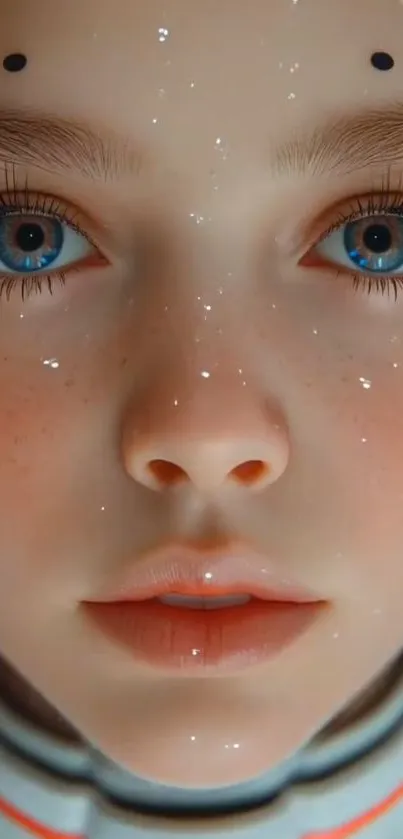 Close-up of realistic digital art face with blue eyes and peach tones.